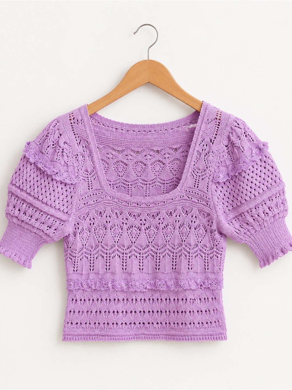 Zara Lilac Lace-Knit Square Neck Sweater Top
